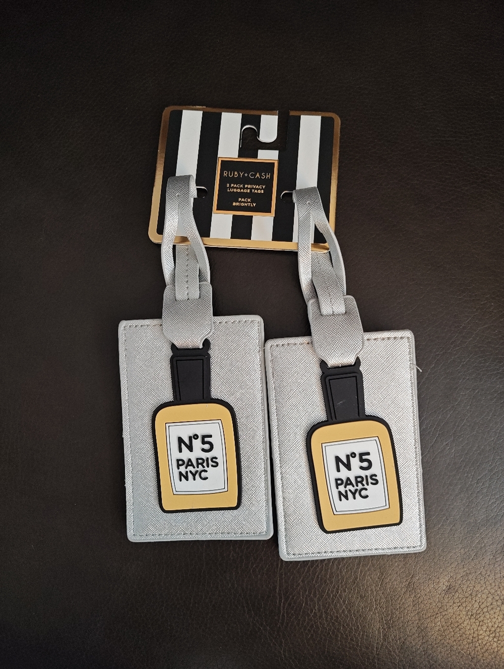 Silver Luggage Tag Set with Yellow Perfume Bottle Accent